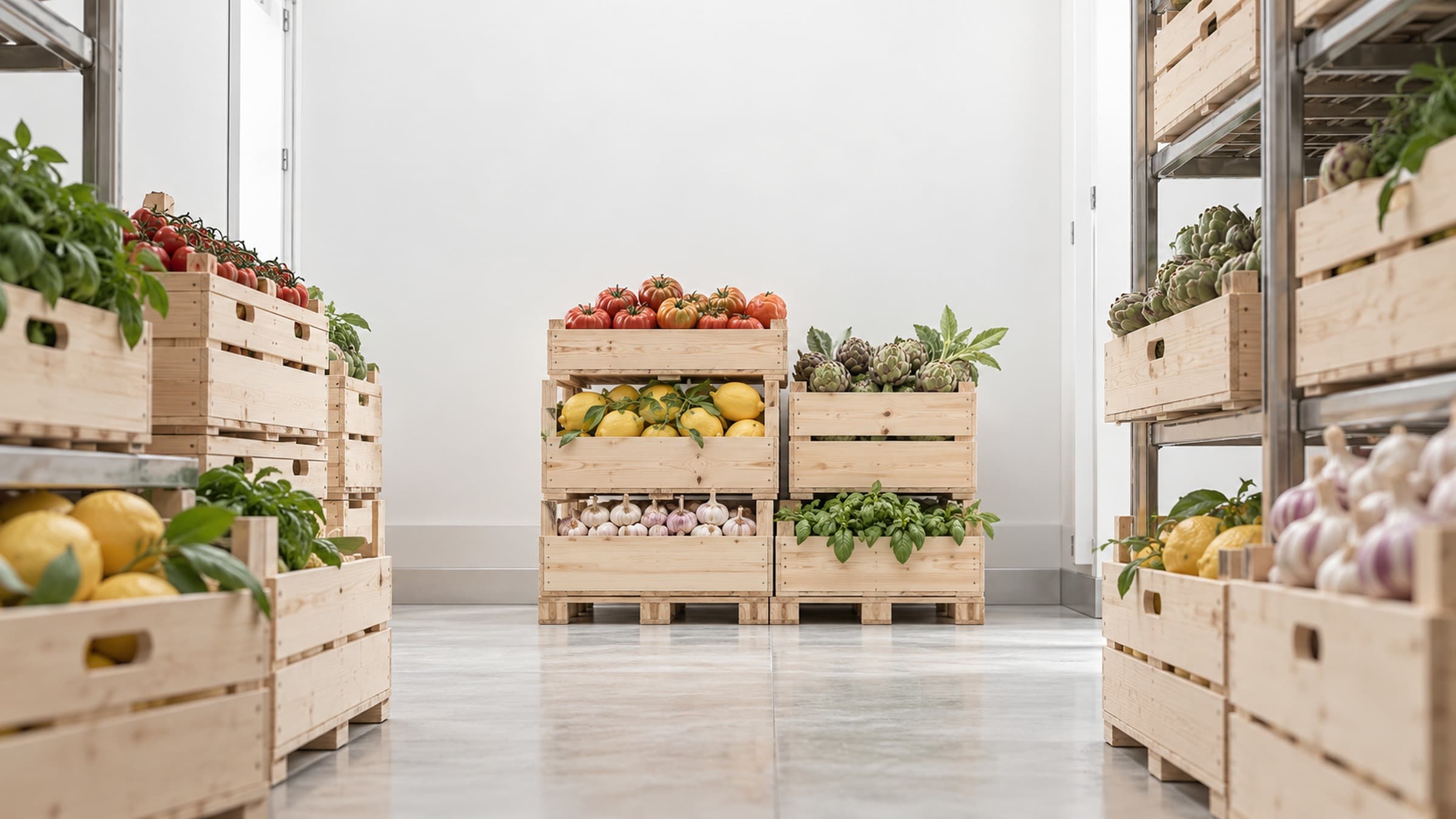 Stacked wooden crates of Italian pantry goods in a bright cold-room corridor